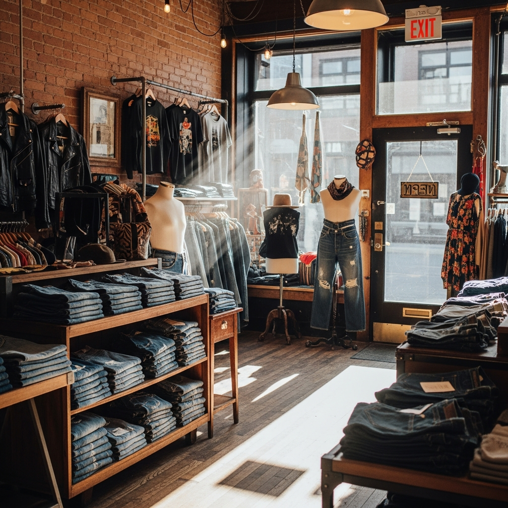 Boutique vintage avec des jeans exposés